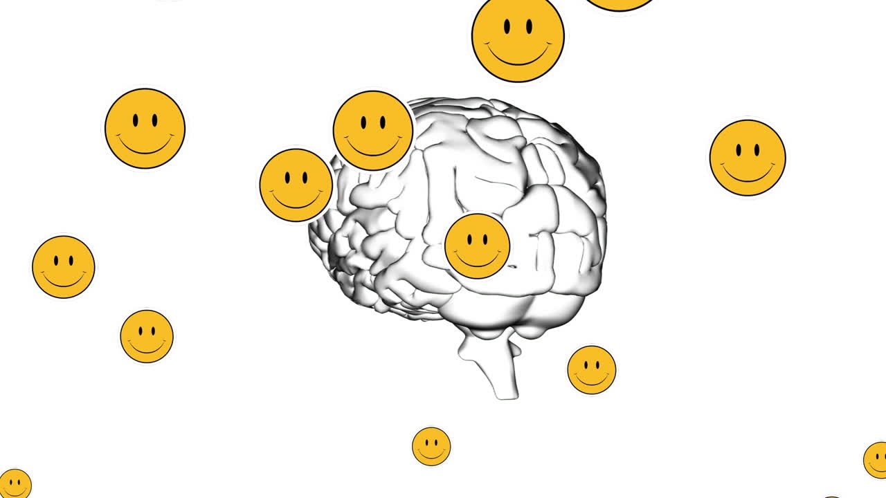 여러 개의 미소 짓는 얼굴 아이콘이 인간의 뇌 아이콘 위에 떠다니고  ⁇  배경에 회전하고 있습니다.