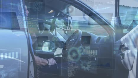 animación de conexiones y procesamiento de datos sobre el hombre en el coche.