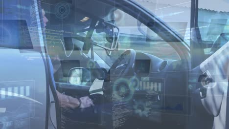 animation of connections and data processing over man in car