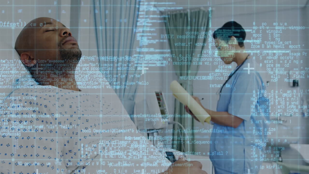 Medical data processing animation over patient and nurse in hospital room