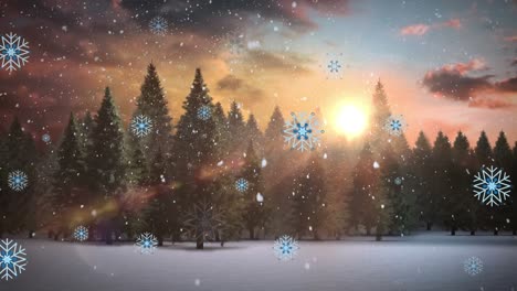 Animation-of-snow-falling-over-winter-landscape