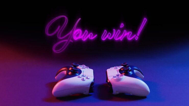 Animazione del testo 'hai vinto' su controller da videogioco su sfondo al neon.