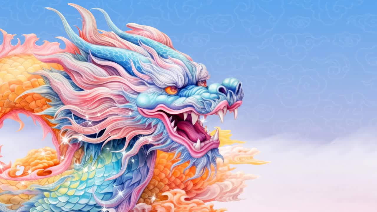 Vibrant side-angle video of a colorful dragon in a fantasy style against a blue sky