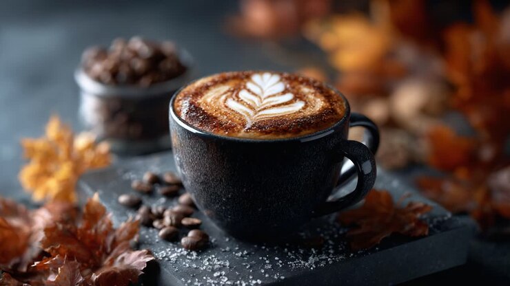 Wunderschöne Latte Art in einer dunklen Keramiktasse, umgeben von Herbstlaub und Kaffeebohnen, die die Essenz gemütlicher saisonaler Momente perfekt einfängt