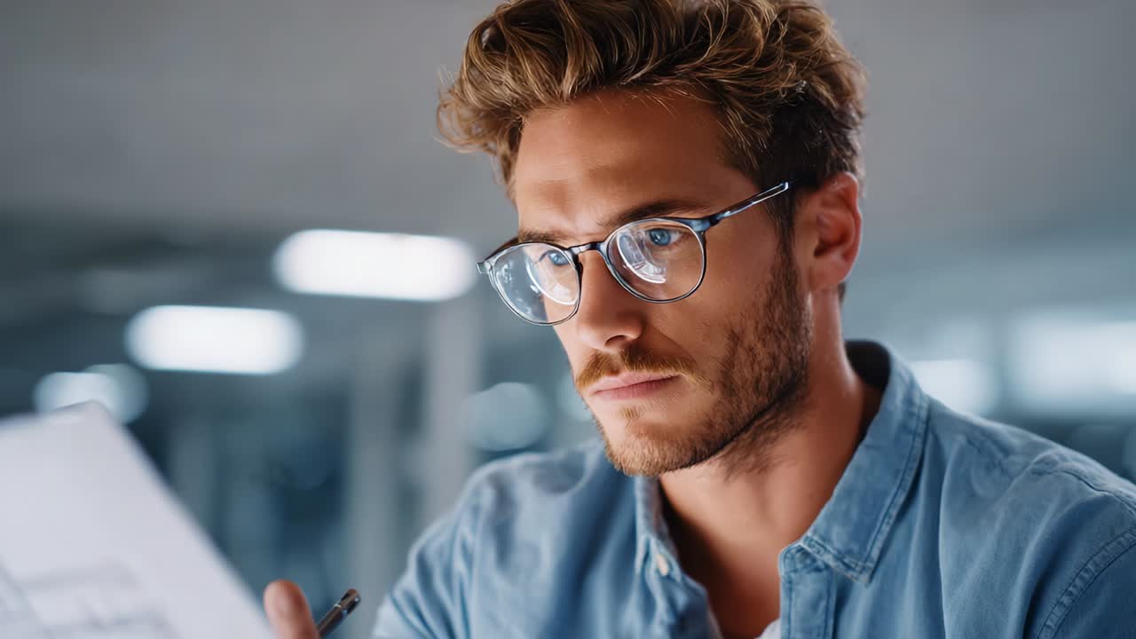 Focused young man with glasses and stylish hair deeply engaged in analyzing documents, showcasing determination, concentration, and professionalism in a modern workspace atmosphere filled with soft lighting