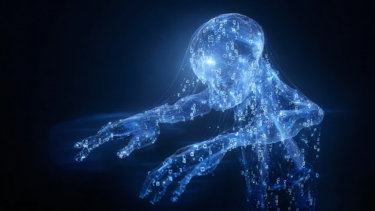 Figura umana digitale realizzata con codice binario incandescente e connessioni a plesso, che simboleggia concetti come intelligenza artificiale, big data, realtà virtuale e metaverso su uno sfondo scuro