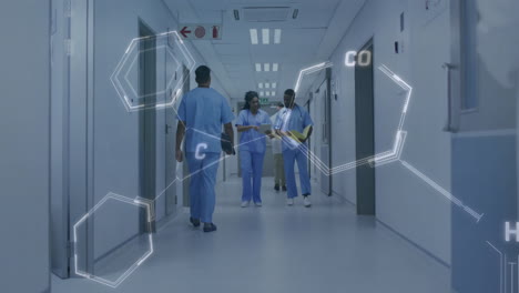 animation of chemical formula over diverse surgeons walking and talking