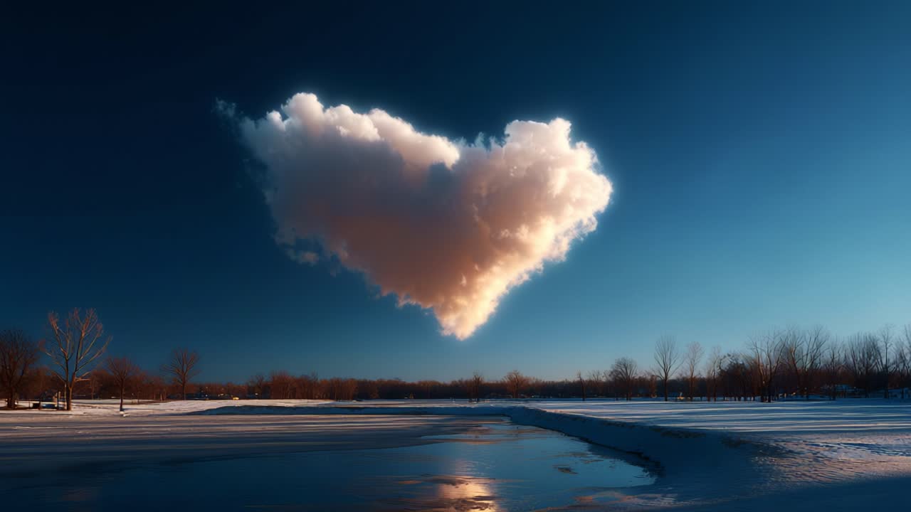 A Romantic Cloud Formation in a Winter Landscape: A Heart-Shaped Cloud Gliding Above a Frozen River Reflects the Serenity and Beauty of Nature During the Chill of Winter Evenings
