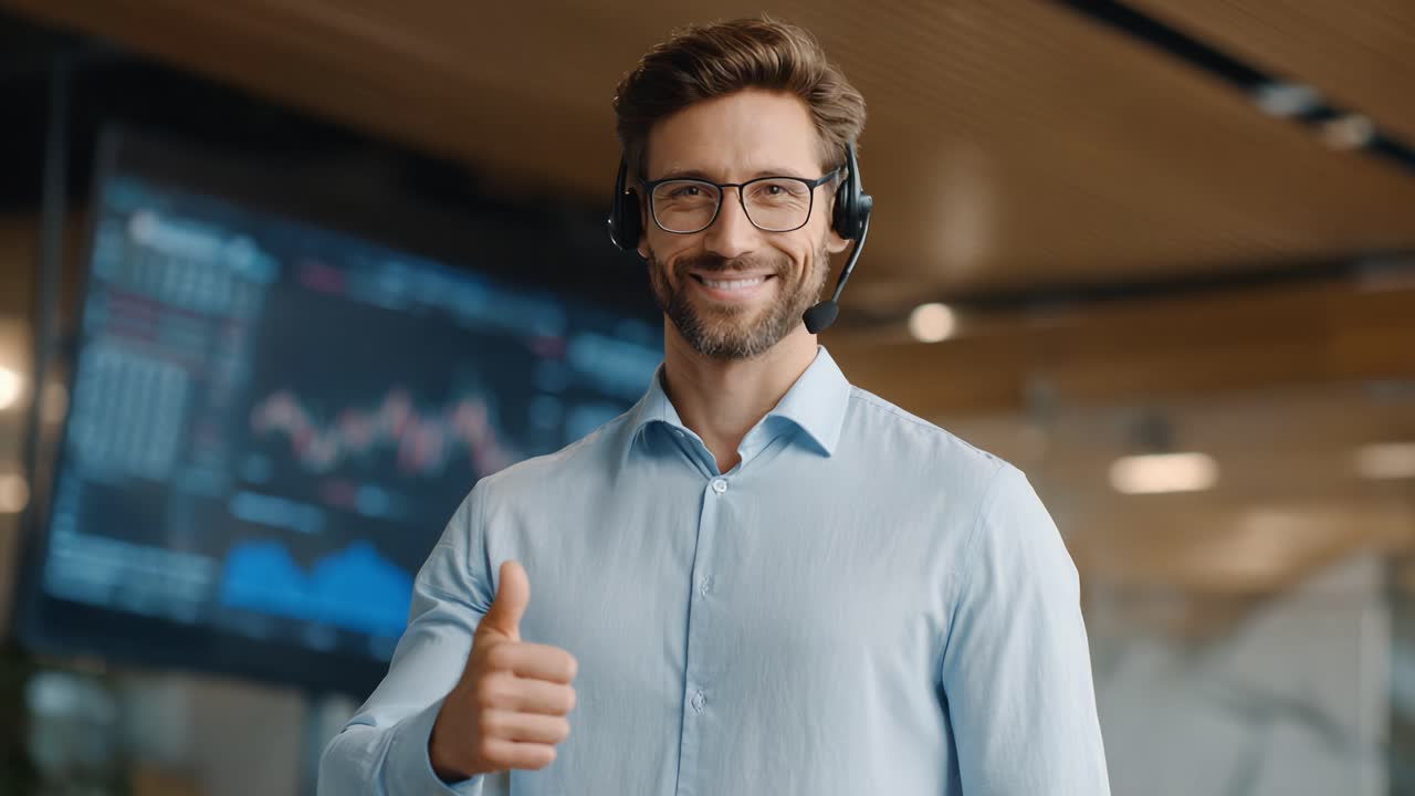 Sikker og professionel person på kontoret, der giver tommel op og viser positiv indstilling og effektive kommunikationsevner i et topmoderne handelsmiljø