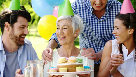 family celebrating birthday party in the park