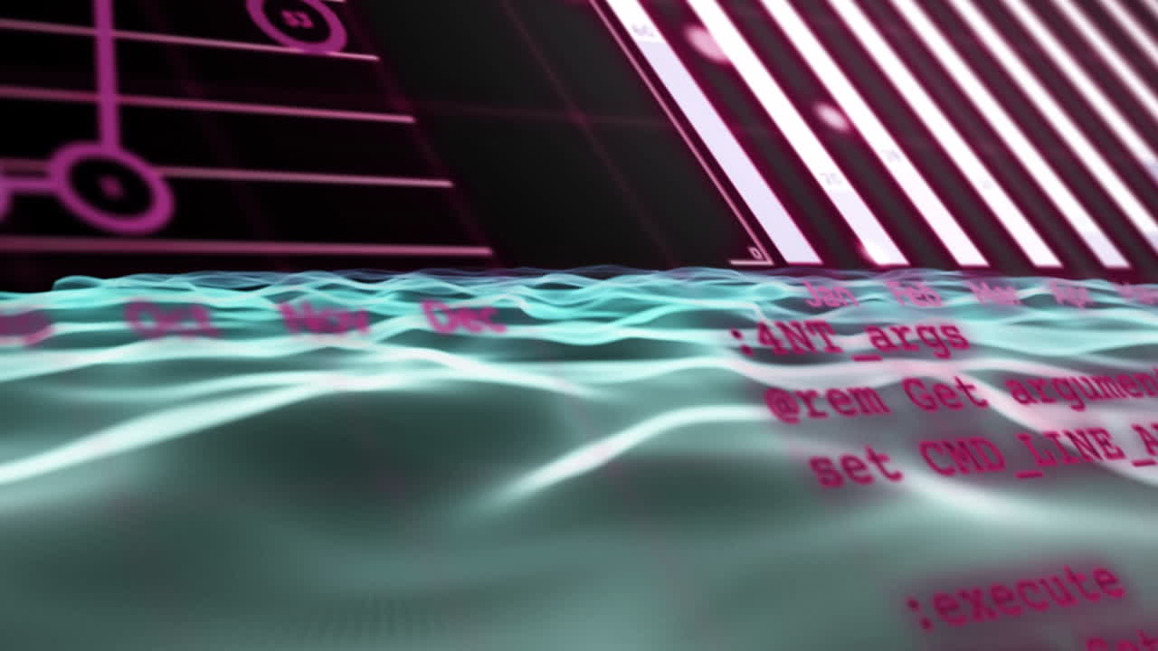 Digital animation of statistical data processing over blue digital waves against black background