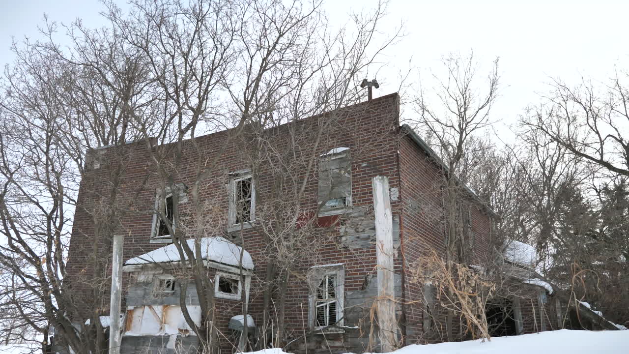 Wide Cinematic Shot of Old Abandoned Building.