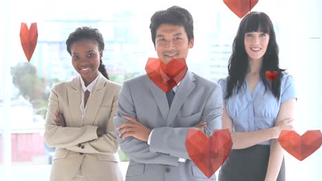 animation of hearts falling over diverse business people in office