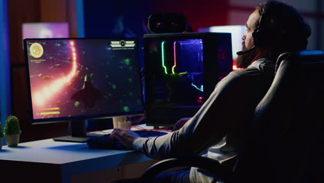 man upset after losing while playing online multiplayer spaceship videogame