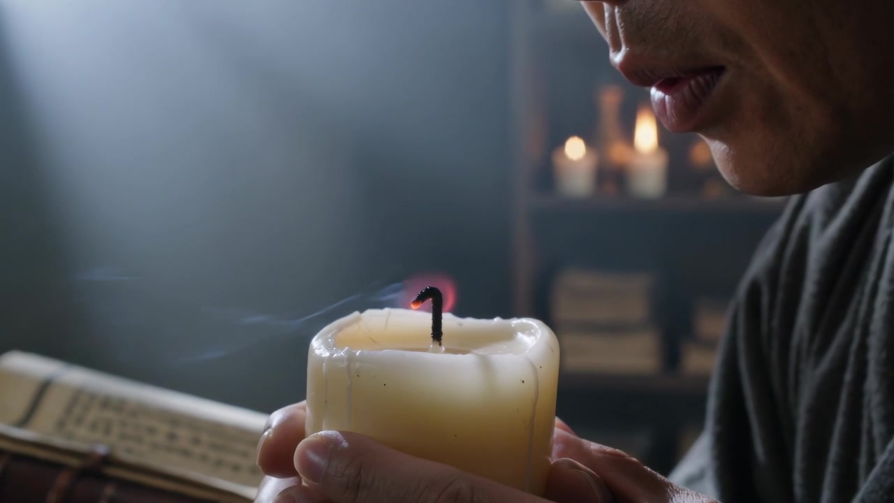 Blowing man in robe holding pillar candle over open book in study, attempting to extinguish flame