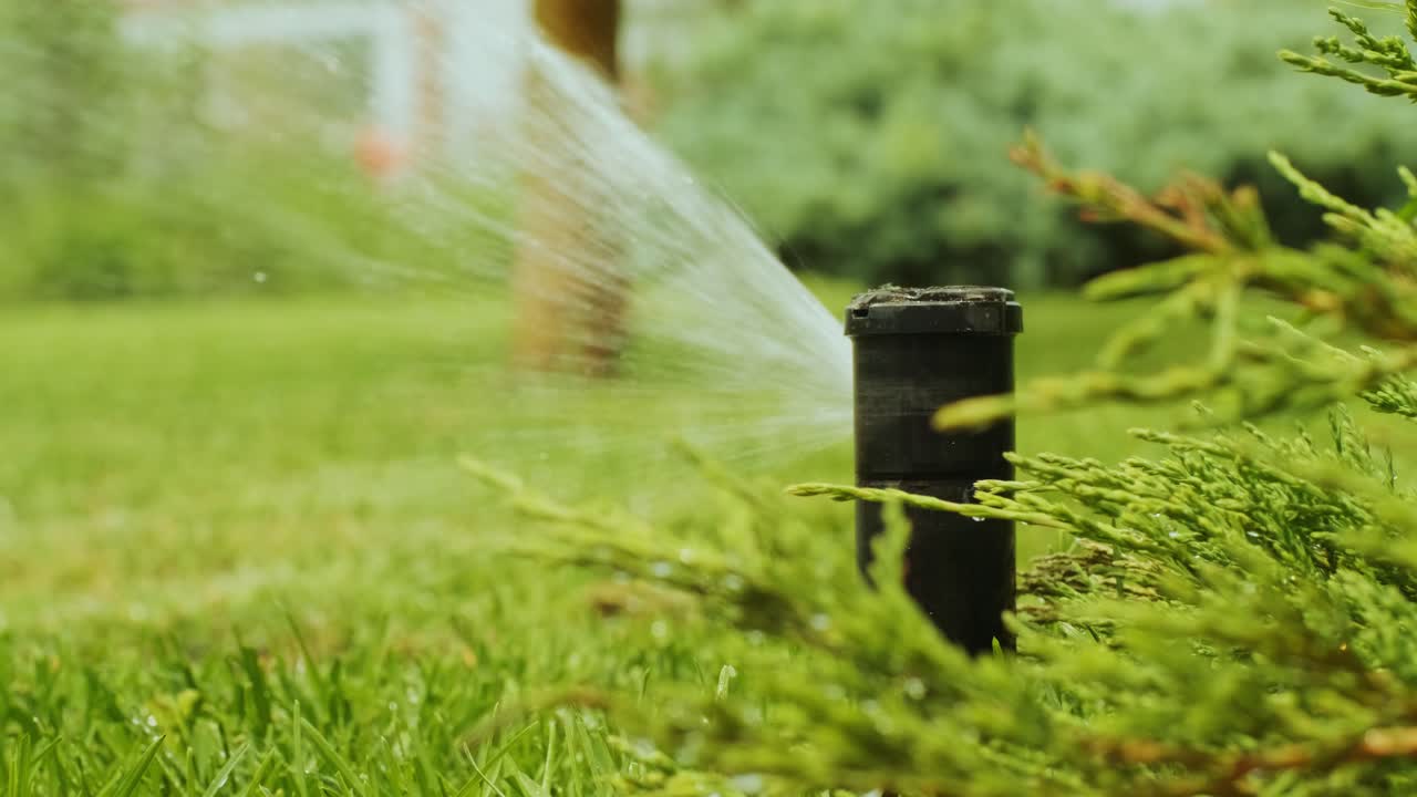 Close-up of watering the garden, grass and flowers in the Park, water drops in the sunlight. Automatic watering system for the grass and flowers. Drops of water are splashed in the sunlight.