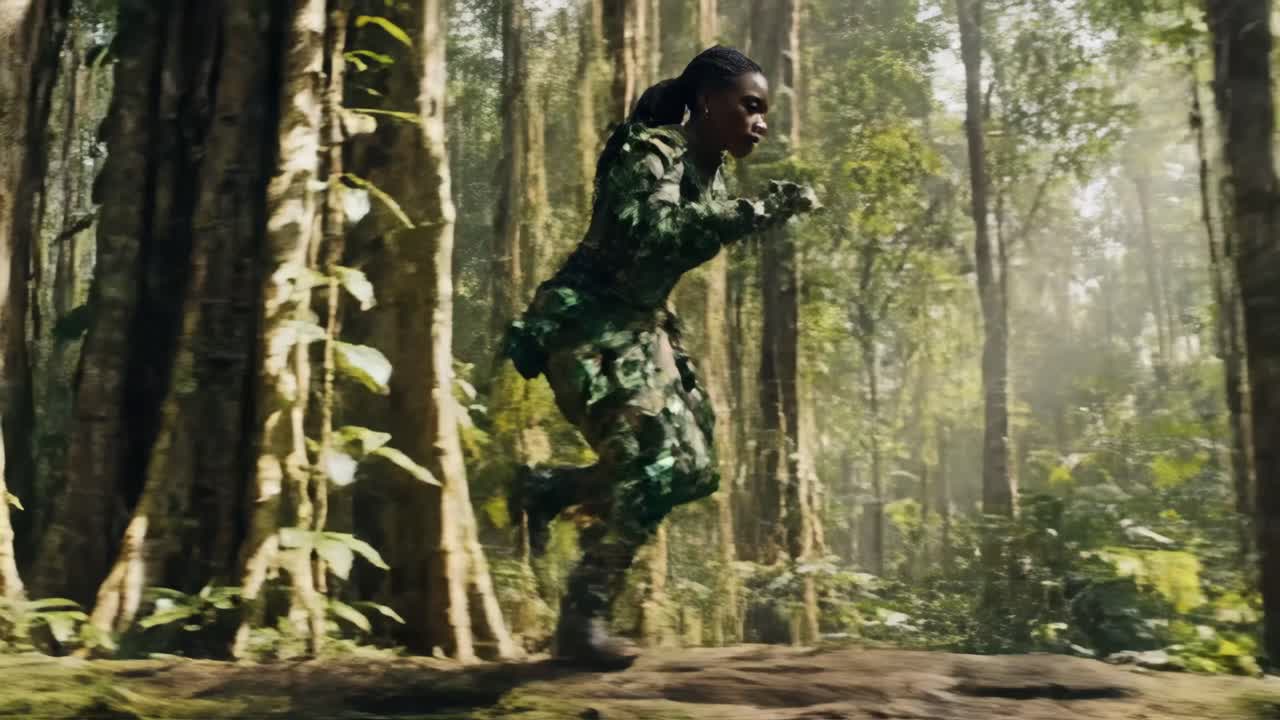 Woman in camouflage running in a forest