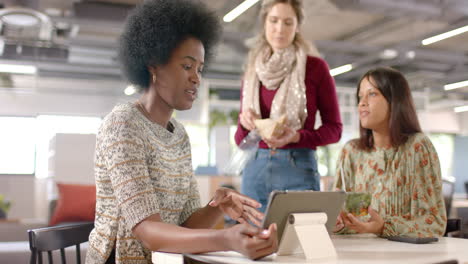 Diverse-female-creative-colleagues-discussing-using-tablet-and-eating-lunch-in-office,-slow-motion