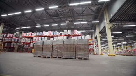 large industrial warehouse with pallets and storage racks