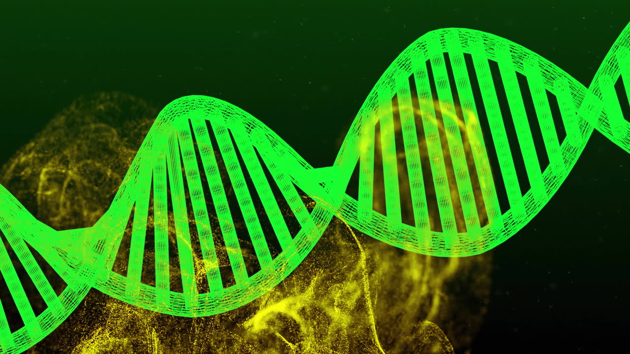 animación de la cadena de adn y la estructura molecular sobre un fondo verde y amarillo