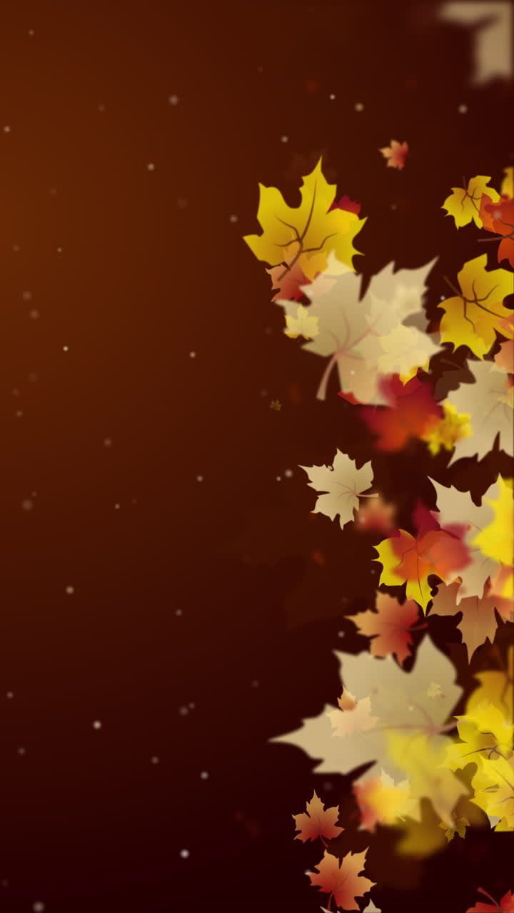 Painted autumn yellow maple leaves flying. Brown animated background with decorative frame. Copy space. Vertical video.