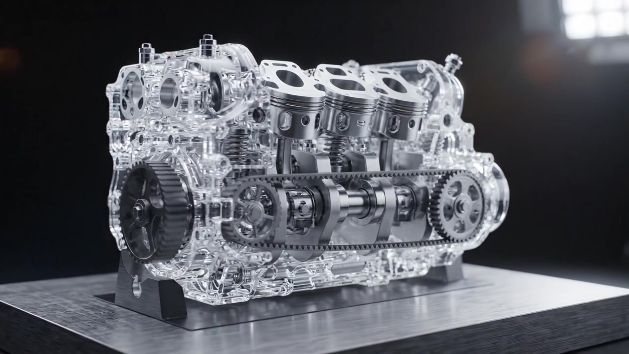 Uno sguardo dettagliato a un modello di motore trasparente che mostra la meccanica interna e il design innovativo nell'ingegneria automobilistica.