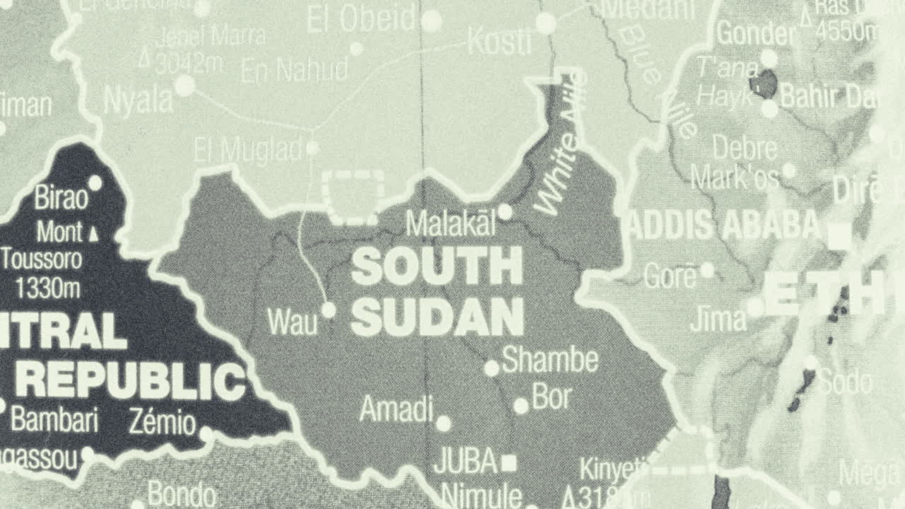 A close-up view of a map centered on South Sudan and its neighboring countries