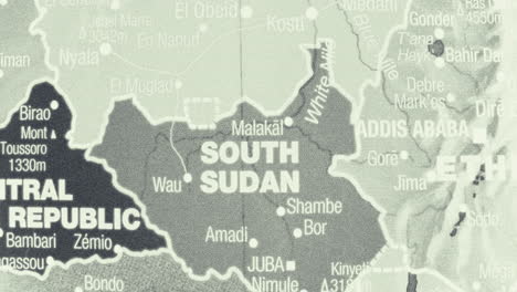 a close-up view of a map centered on south sudan and its neighboring countries