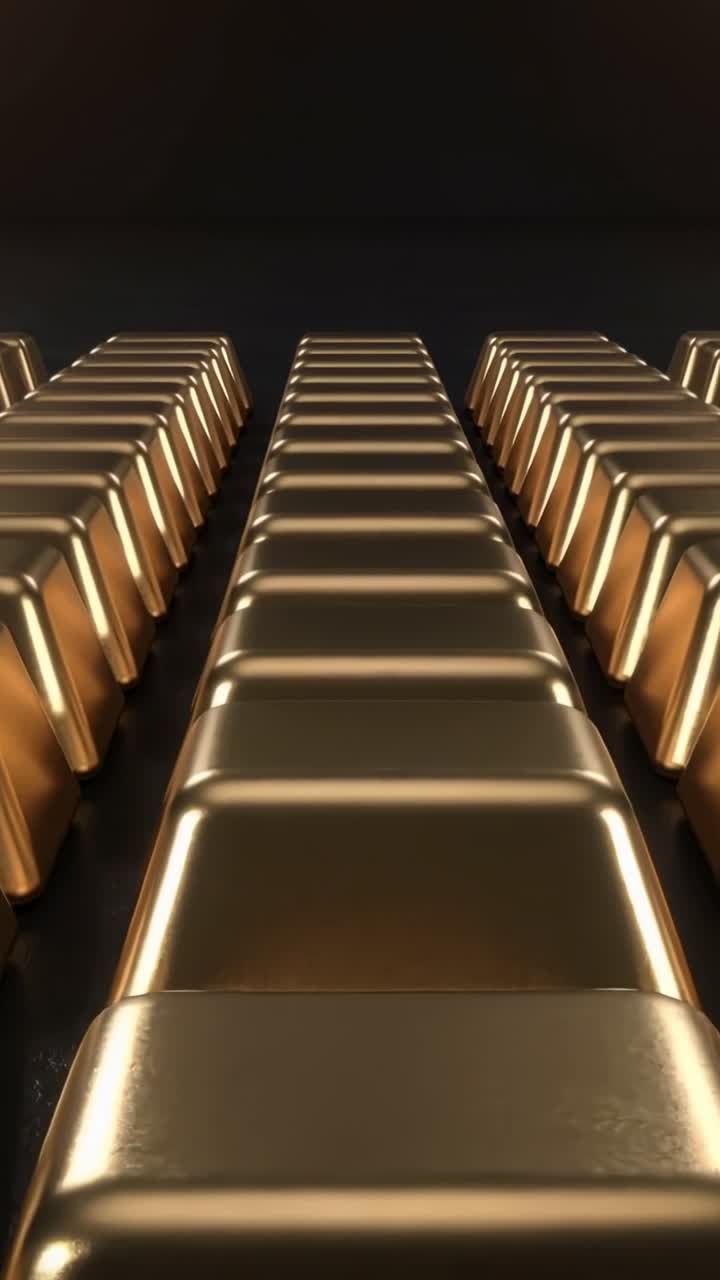 Video verticale: Movimento iniziale della telecamera che rivela una fila d'oro affiancata da due file in un'ambientazione scura, mostrando lucentezza