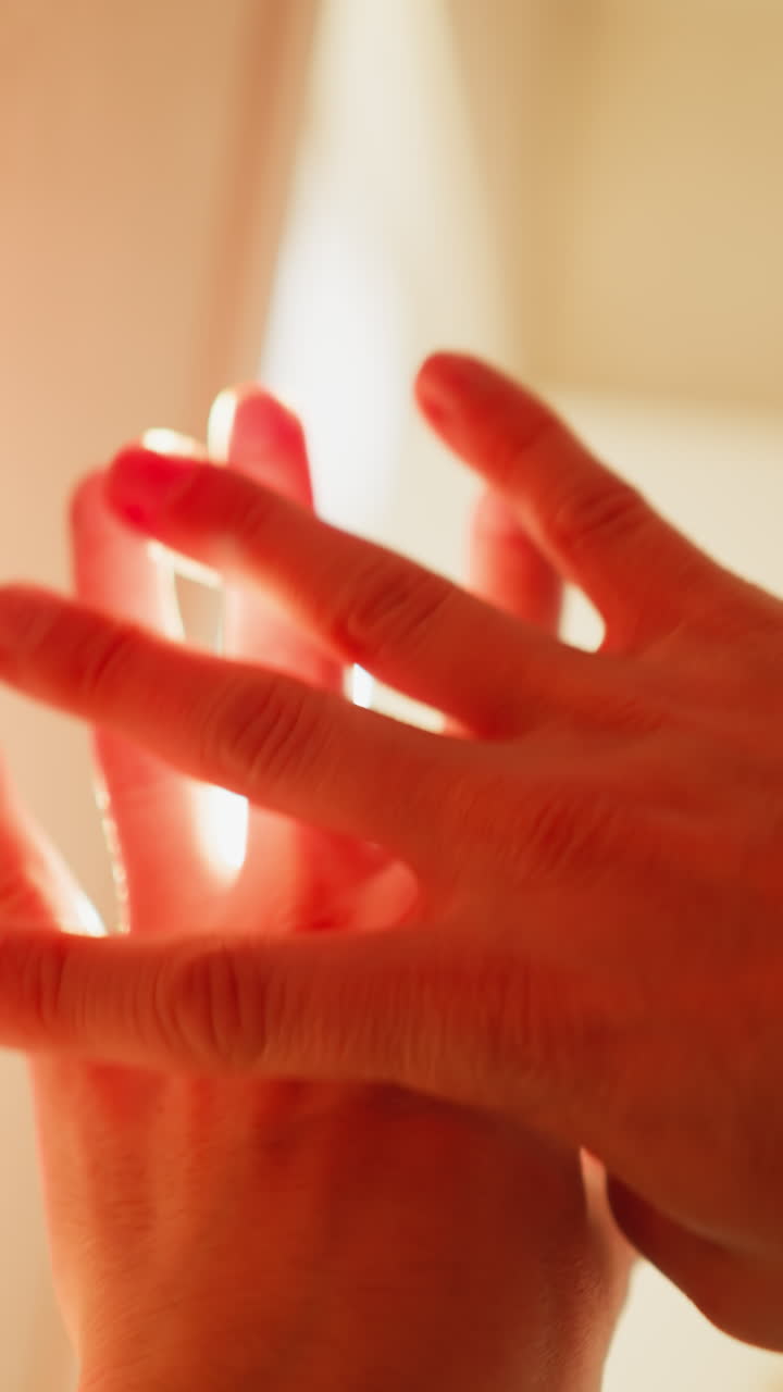 la mano de pov se despliega en la hermosa luz del sol cegadora, la cámara captura el destello y los tonos cálidos en la piel