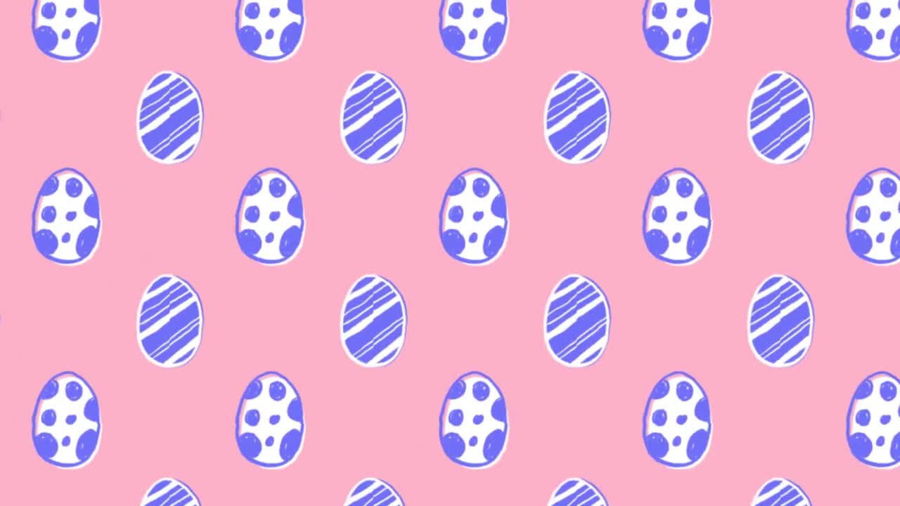 Animation of patterned Easter eggs moving in rows on pink, background