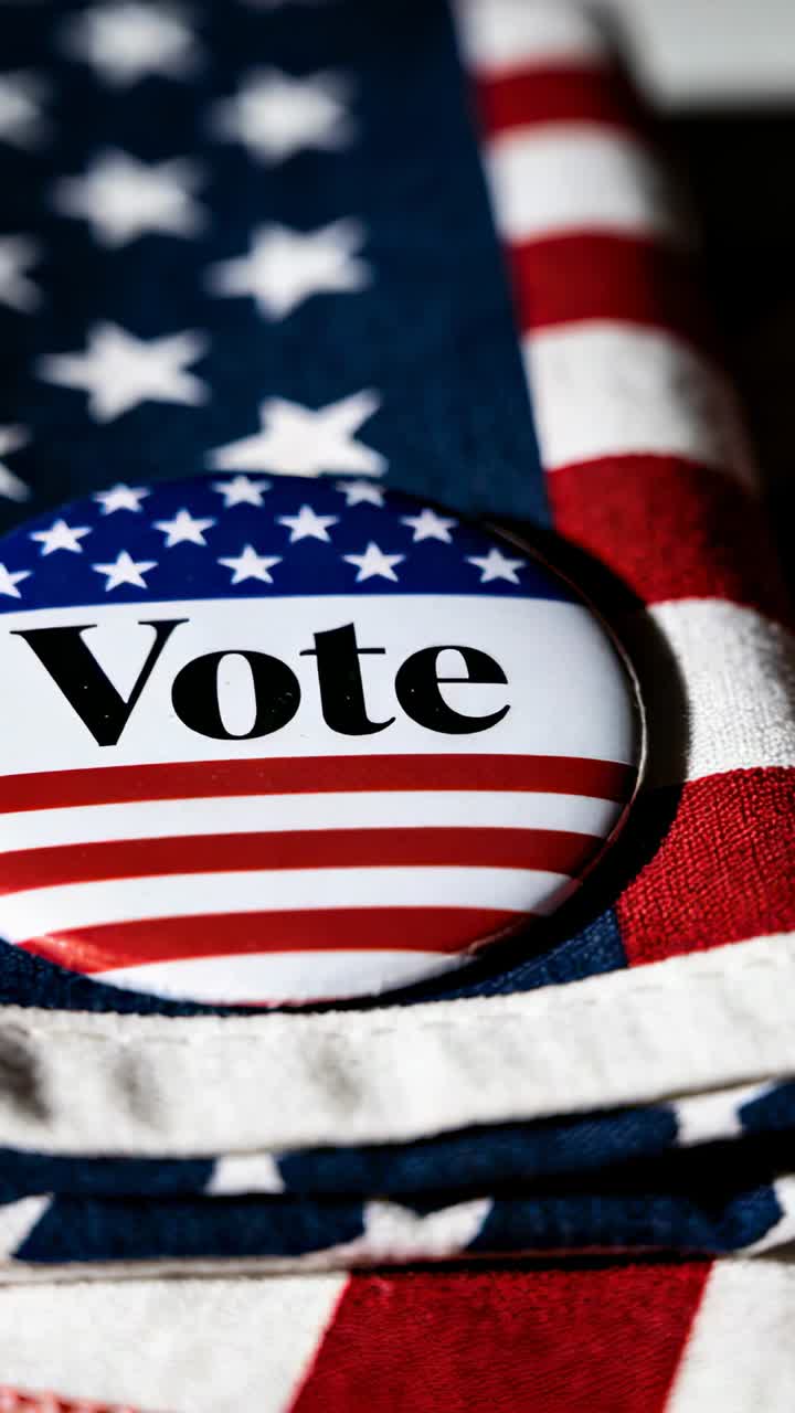 Vertical video: Showing circular Vote button resting on folded US flag fabric, catching highlights