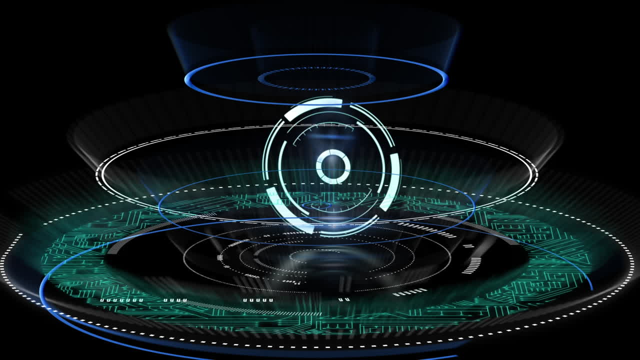 검은 바탕에 여러 네온 라운드 스캐너를 통해 마이크로프로세서 연결