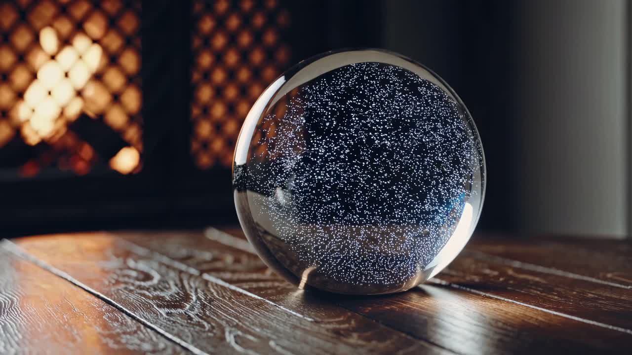 A mesmerizing close-up video of a glass sphere on a wooden table, capturing intricate reflections