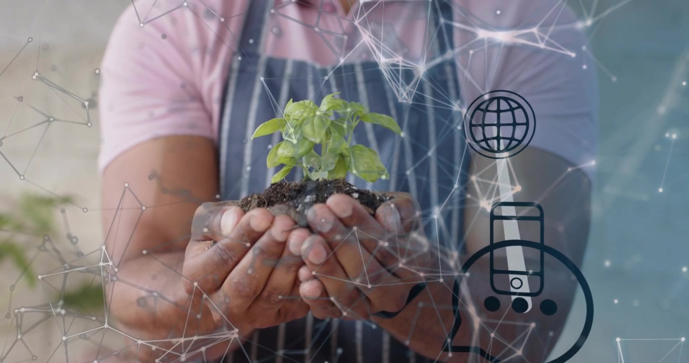 Coltivatore che tiene una piantina con icone di app che emergono e convergono, illustrando una rete agritech.