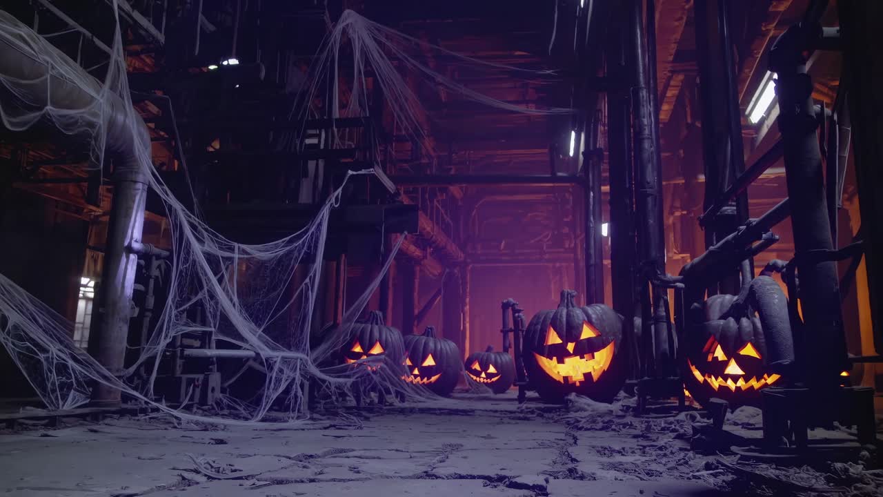 Spooky Halloween Scene with Jack-o'-Lanterns in an Abandoned Factory