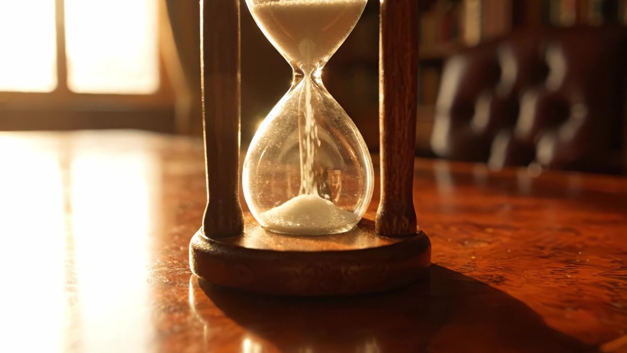An Elegant Hourglass on a Polished Wooden Desk in a Warmly Lit Room, Symbolizing the Passage of Time and Reflection in a Cozy Library Setting