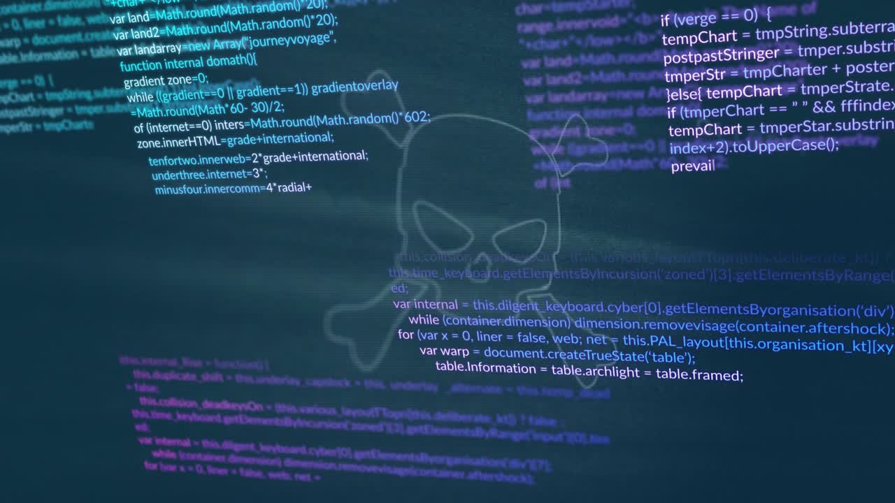 Code showing, scrolling; skull forming; HUD stacking; neon glyphs moving, signaling hacker alert
