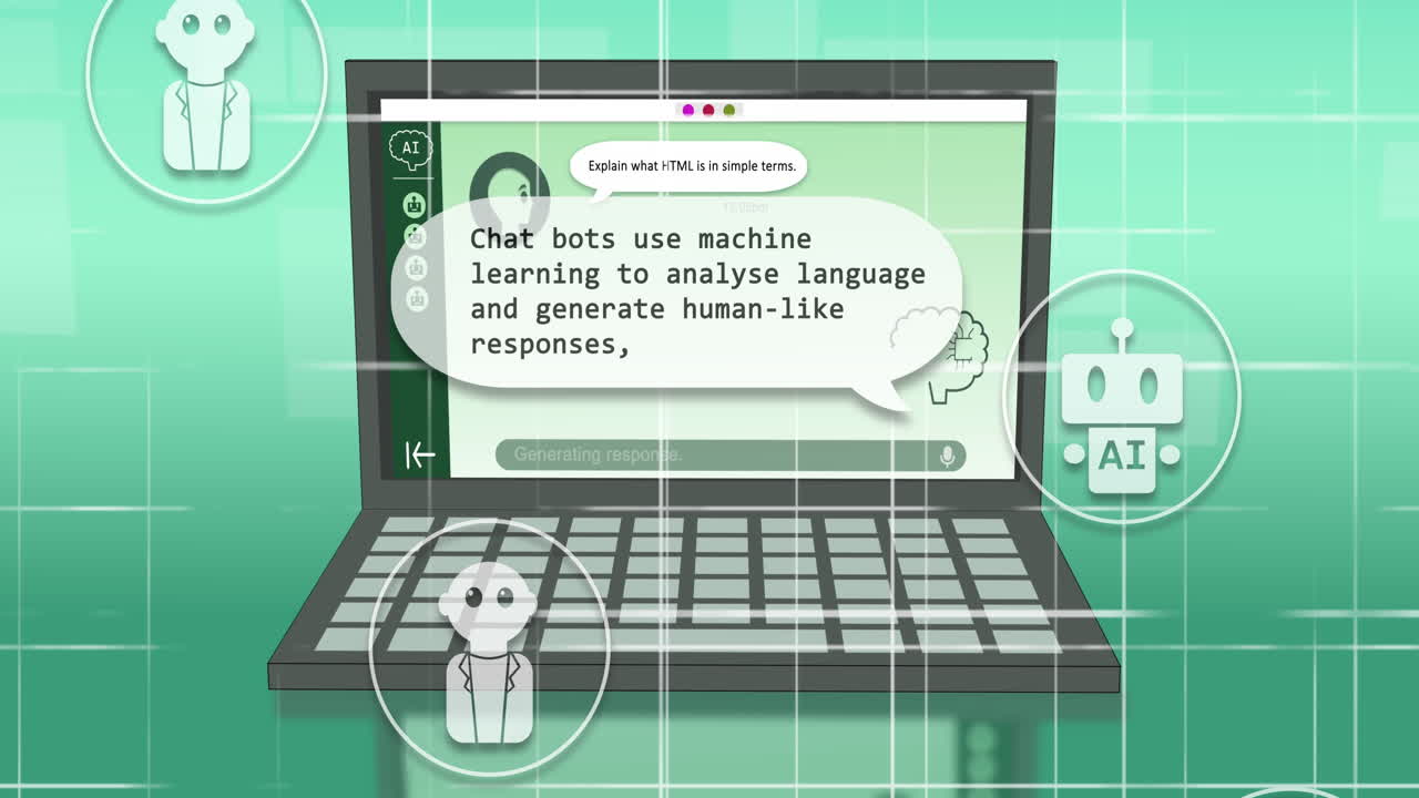 녹색 배경에 노트북을 통해 ai 채팅과 데이터 처리의 애니메이션