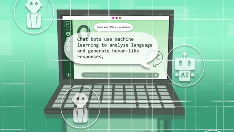 animación de chat artificial y procesamiento de datos en el portátil sobre fondo verde