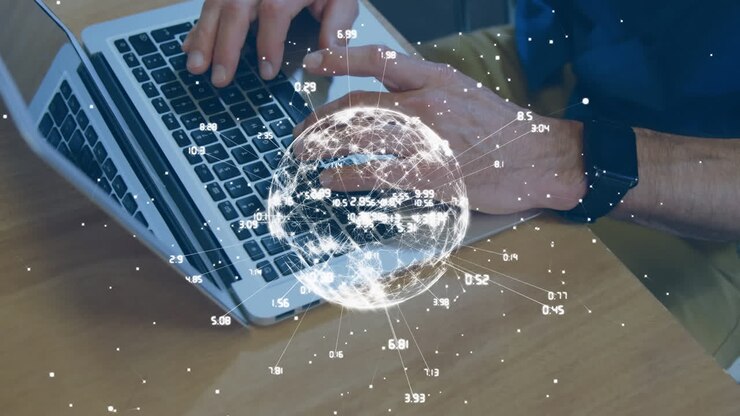 Animation of network of connections over globe and caucasian businessman using computer
