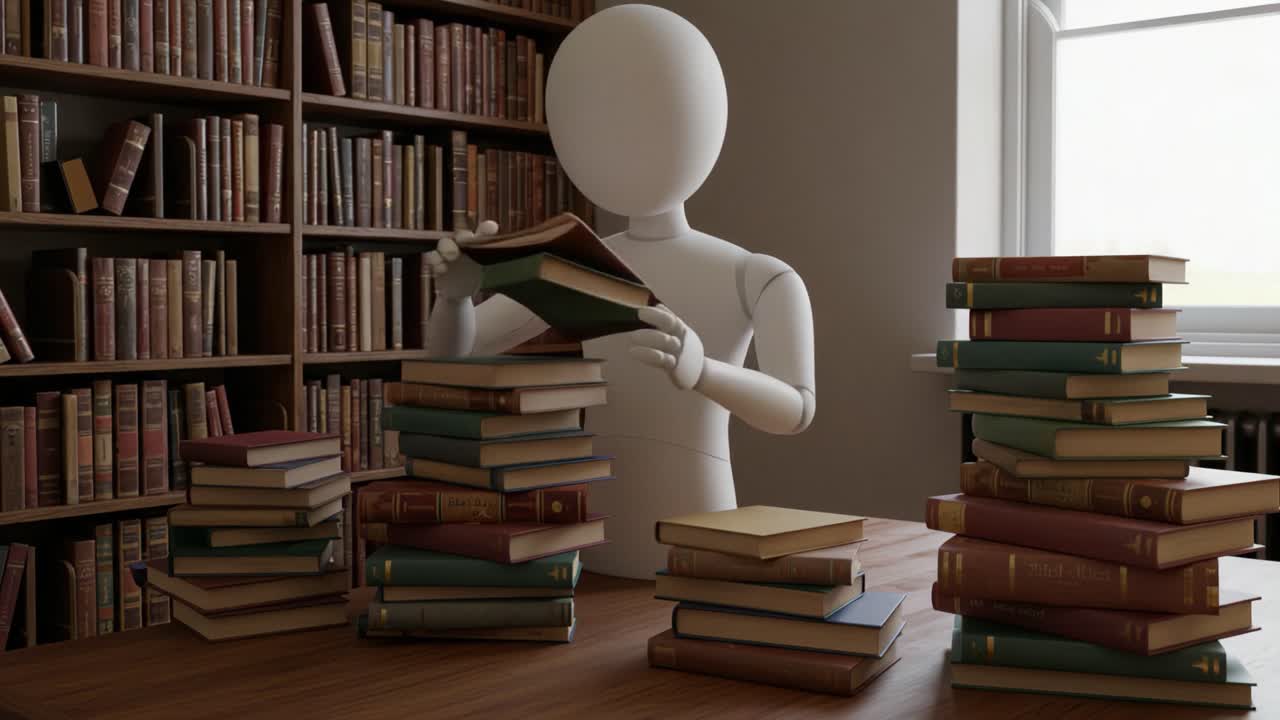 A Thoughtful Figure Engaging with Stacks of Books in a Cozy Library Setting, Reflecting a Love for Reading and Knowledge Acquisition in a Tranquil Environment