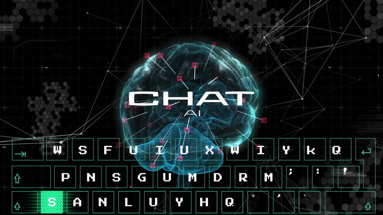 Animation of data processing and chat ai text over brain