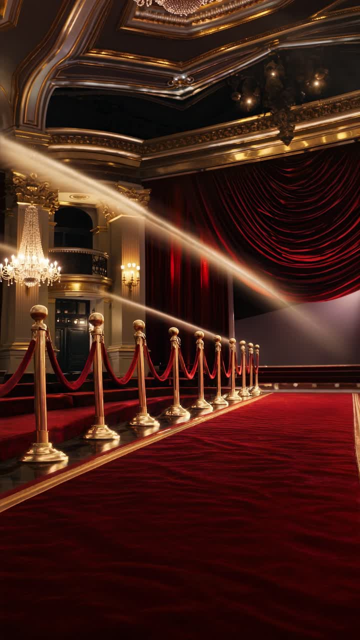 Elegant red carpet scene with a low-angle view, showcasing luxurious drapes and golden stanchions
