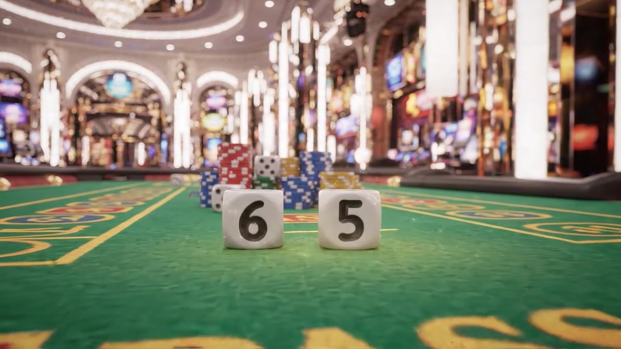 Un'esperienza da Casinò: Fiches e dadi vivaci mostrano l'emozione del gioco in un ambiente di casinò sontuosamente illuminato, pieno di slot machine scintillanti.