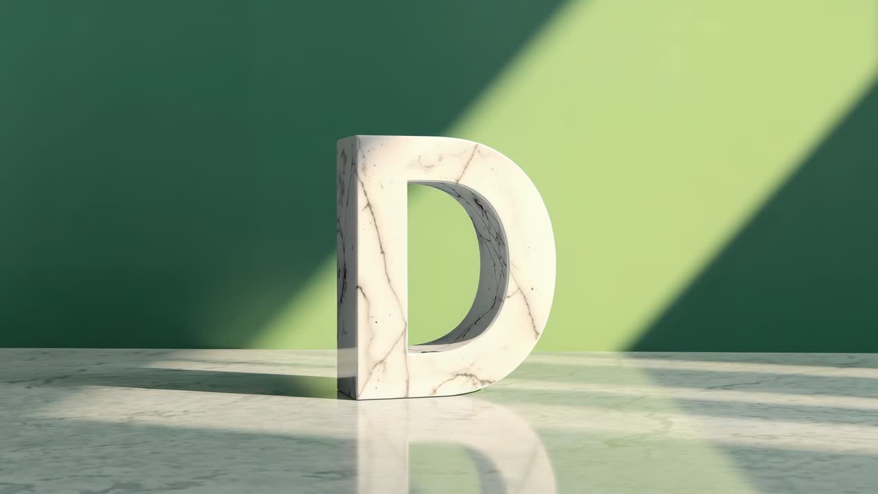 Activating light beam sweeping marble tabletop in studio, illuminating letter D, shifting wall hues