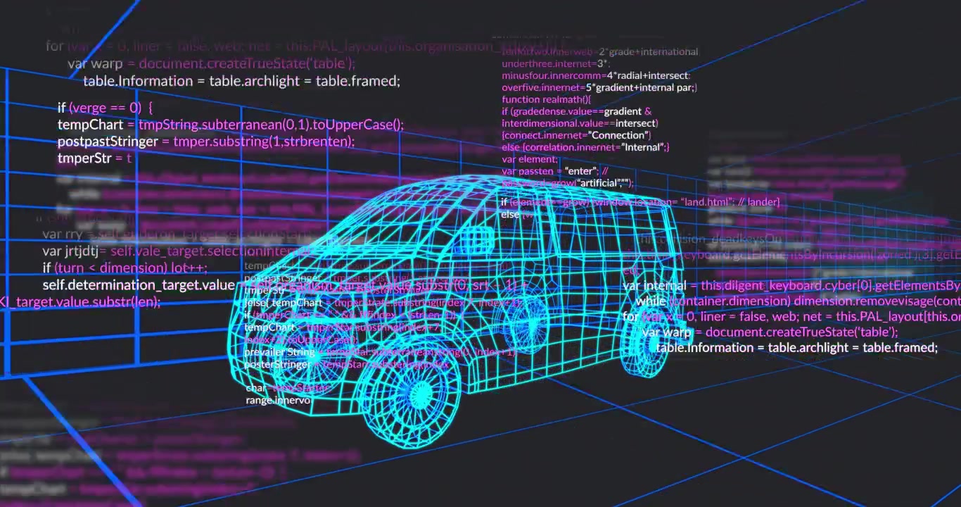 Source code appearing on turquoise wireframe cargo van, blocks sliding, multiplying for overlay
