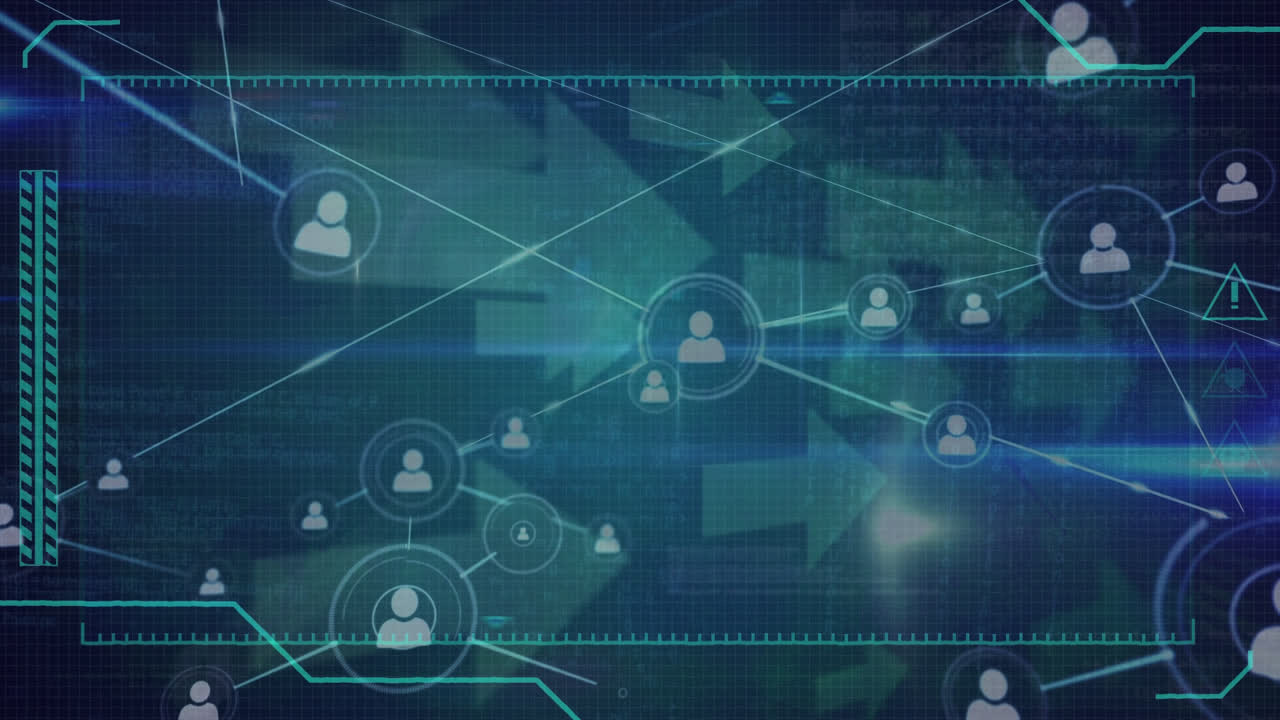 Animation of network of connections with people icons over arrows and data processing