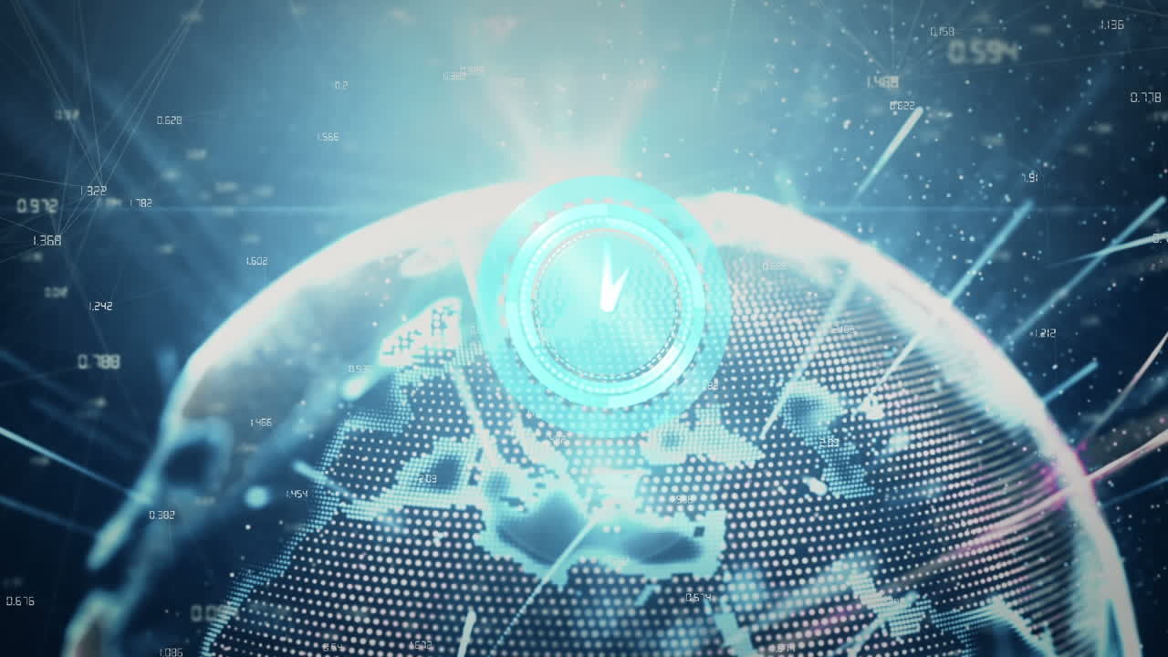 어두운 배경에 있는 연결 네트워크와 지구상의 시계의 애니메이션