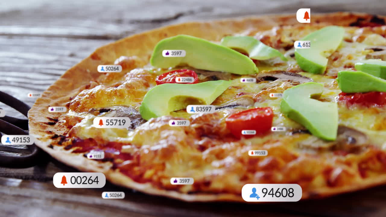 소셜 미디어 알림과 함께 피자 토핑에 대한 애니메이션